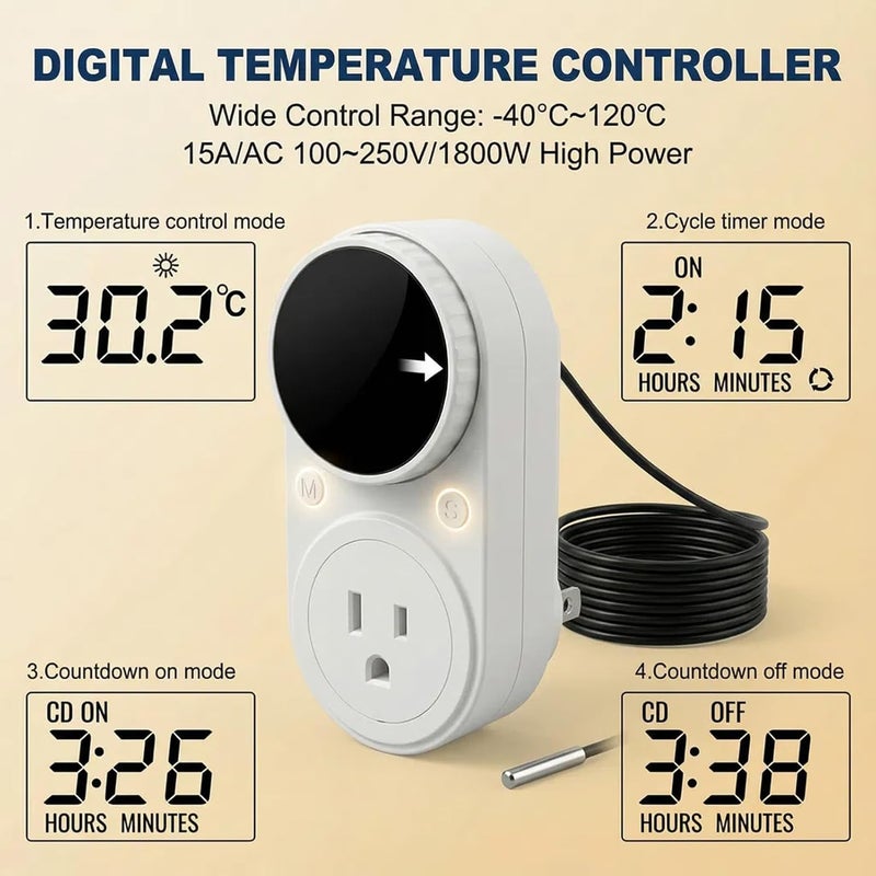 MakerHawk Digital Temperature Controller Thermostat Controller 1800W 120V 15A Rotary Knob Button Adjustment Heating Cooling Control with Sensor for Reptile Incubator Greenhouse Swimming Pool (TC801) - Image 4
